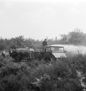 Bosbewerking, arbeiders, sproeiwagens, sproeien, beilen, Bestanddeelnr 253-5785