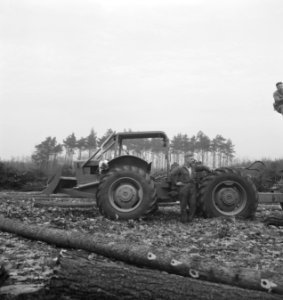 Bosbewerking, landbouwmachines, werktuigen, arbeiders, boomstammen, Tractors, Bestanddeelnr 253-5674