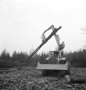 Bosbewerking, landbouwmachines, werktuigen, arbeiders, boomstammen, takelwerkzaa, Bestanddeelnr 253-5673