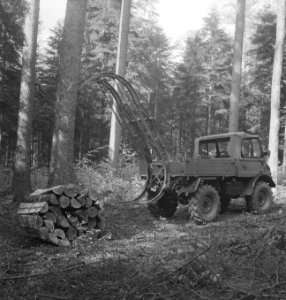 Bosbewerking, boomstammen, machines, werktuigen, auto's, werkzaamheden, Bestanddeelnr 253-5127