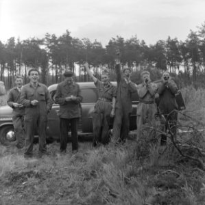 Bosbewerking, auto's, arbeiders, groepsfoto's, zwaaien, Bestanddeelnr 251-9316