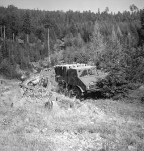 Bosbewerking, arbeiders, auto's, boomstammen, Bestanddeelnr 251-8993