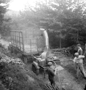 Bosbewerking, arbeiders, machines, werktuigen, boomstammen, versnipperen, Bestanddeelnr 253-4070