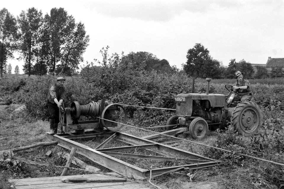 Bosbewerking, arbeiders, kabels opwinden, lieren, tractoren, Bestanddeelnr 170-0775