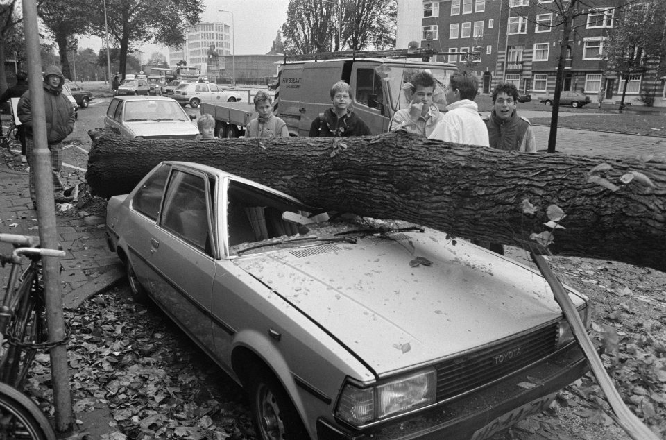 Bomen waaien om bij eerste herfststorm boom op auto (Apollolaan), Bestanddeelnr 933-7918