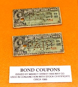 Bond coupons issued by Market Street Railway Co., c. 1900 - San Francisco Cable Car Museum - San Francisco, CA - DSC04028