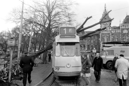 Boom op tram gevallen bij Centraal Station Amsterdam door hevige storm, Bestanddeelnr 926-0183