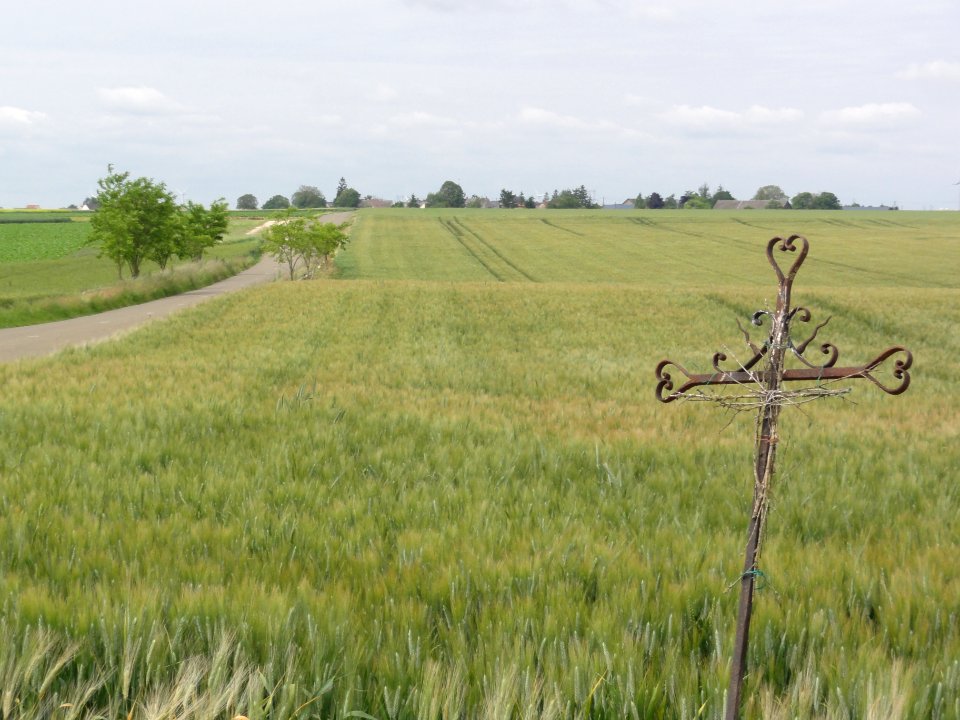Boisseaux (Loiret) Croix de chemin D95, bourg au loin