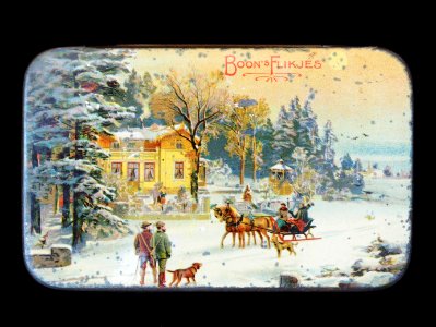 Boons Flikjes blik met winterlandschap met arreslee en jagers met jachthond