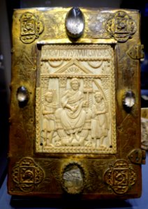 Book cover of a lectionary, Stiftskirche St. Martin, ivory perhaps from Arles, 449 AD, surround from Luttich, c. 1270, ivory, gilt copper - Hessisches Landesmuseum Darmstadt - Darmstadt, Germany - DSC00331