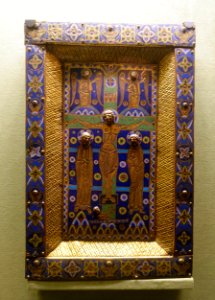 Book cover with crucifixion plaque, Limoges, France, 1190-1215, copper-gilt and champleve enamel - Morgan Library & Museum - New York City - DSC06613