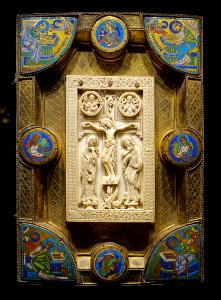 Book cover with crucifix and evangelists, ivory from North France, enamels from Maasland, 1150-1175, ivory, gilt silver, copper, enamel - Hessisches Landesmuseum Darmstadt - Darmstadt, Germany - DSC00262 photo
