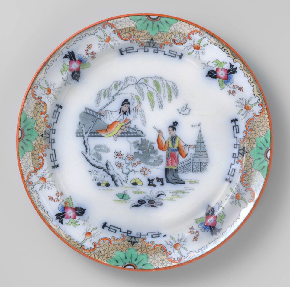 Bord met Japans tafereel met man op een dak (1875), Petrus Regout & Co