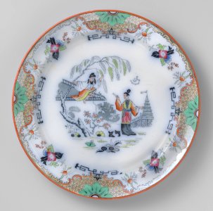 Bord met Japans tafereel met man op een dak (1875), Petrus Regout & Co
