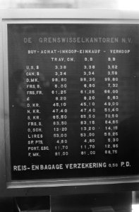 Bord met koersen van valuta bij het Grenswisselkantoor (GWK) te Amsterdam, Bestanddeelnr 924-5245