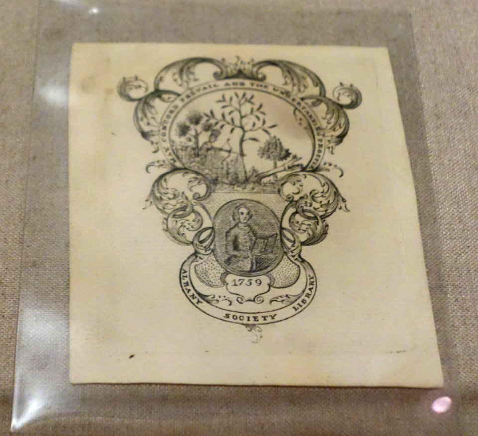 Bookplate of the Albany Society Library, unidentified maker, New York City, 1759, ink on paper - Albany Institute of History and Art - DSC07990