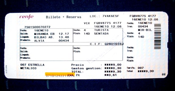 Billete tren alvia miranda-bilbao