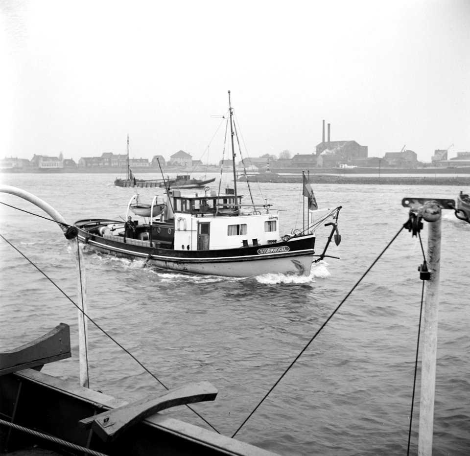 Binnenvaartschepen op de Maas bij Rotterdam, op de voorgrond de sleper De Storm…, Bestanddeelnr 254-0922