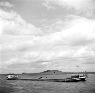 Binnenvaartschip Damco 101 op de Waal met op de achtergrond Fort Pannerden, Bestanddeelnr 254-0968