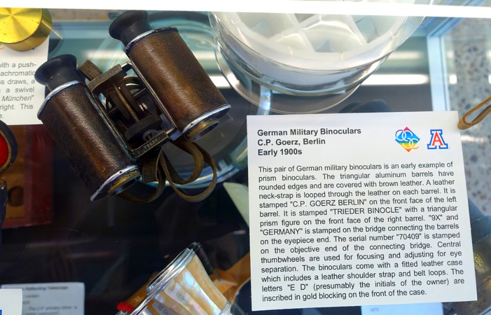 Binoculars, C.P. Goperz, Berlin, early 1900s, aluminum, leather - College of Optical Sciences - University of Arizona - Tucson, AZ - DSC08622