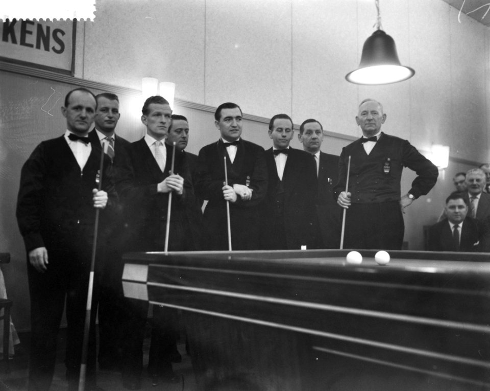 Biljarten, kampioenschap ereklasse driebanden, vlnr Baay, Popcuys, De Ruyter, Bestanddeelnr 910-1563