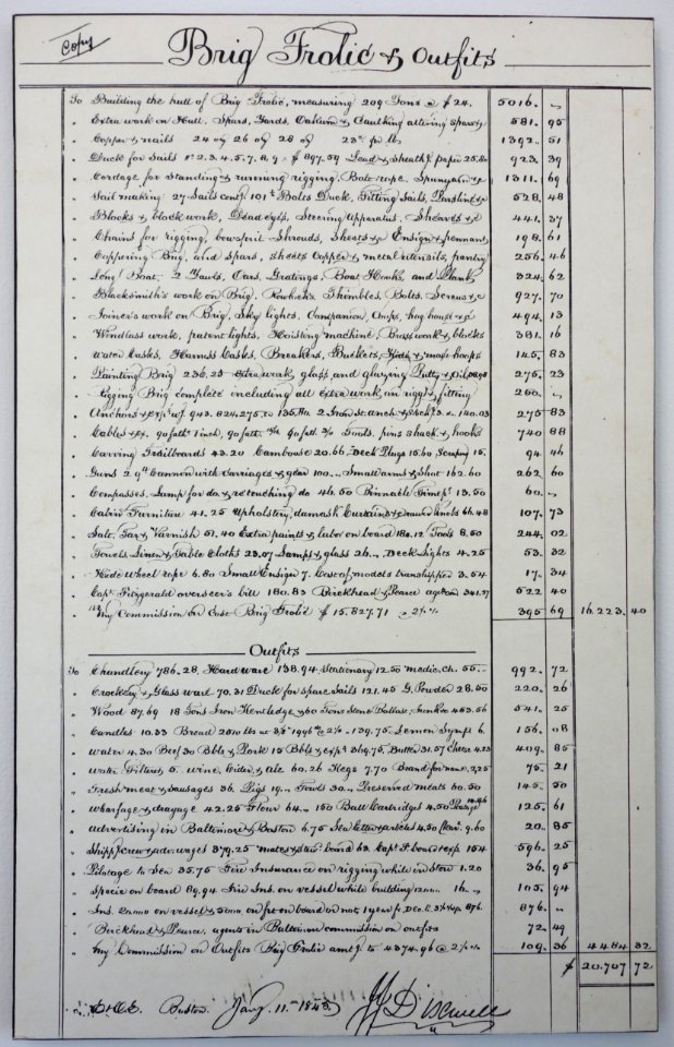Bill presented by the Gardner Brothers to Augustine Heard & Co. for The Frolic - Point Cabrillo Light Museum - California - DSC01953