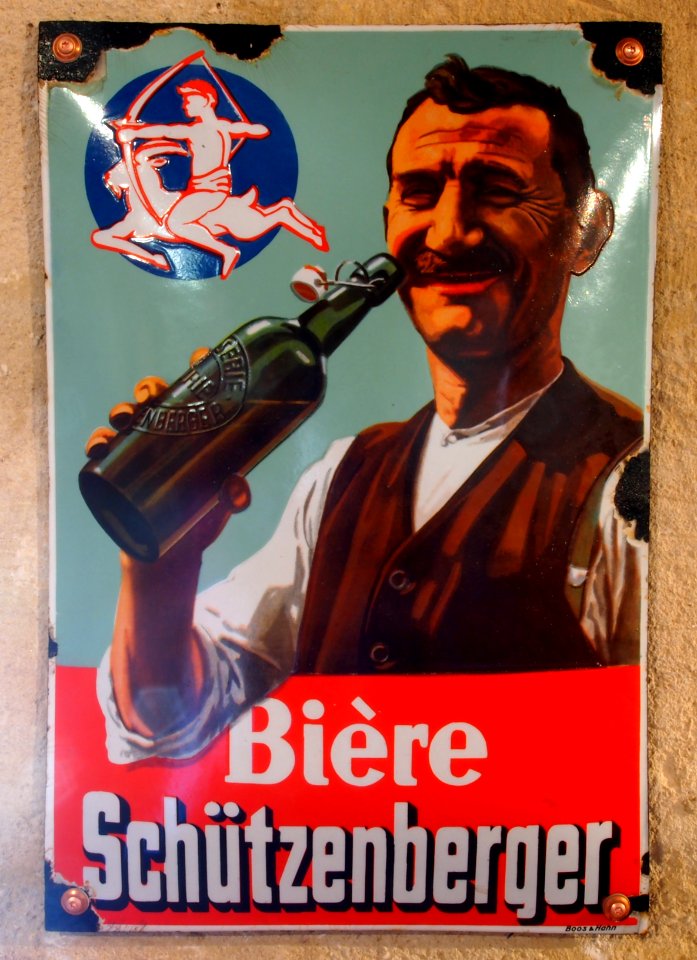 Bière Schützenberger , enamel advertising sign at the Musée Européen de la Bière