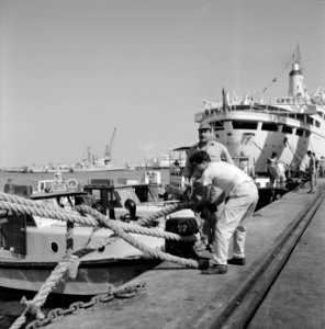Bij aankomst van het schip SS Zion worden scheepstouwen aan een bolder (meerpa, Bestanddeelnr 255-2161