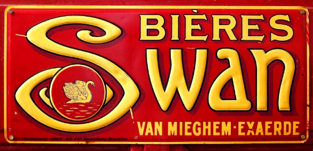 Bières Swan, van Mieghem-Exaerde, Revêtements JOSZ - Sté Ame Koekelberg-Bruxelles, old metal advertising sign