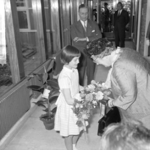 Bij aankomst krijgt koningin Juliana bloemen aangeboden, Bestanddeelnr 917-7355