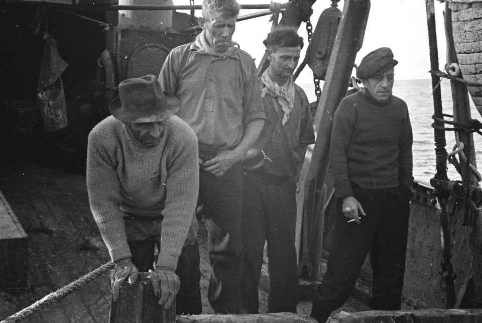 Bijschrift On board a Dutch trawler. Some of the crew watching the catch Aan , Bestanddeelnr 935-3030