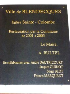Blendecques (Pas-de-Calais, Fr) église Saint-Colombe (16) plaque restauration
