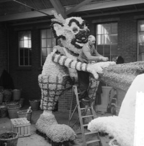 Bloemencorso in de maak, frontaanzichten der wagens voorstellende een natuurlief, Bestanddeelnr 915-1427