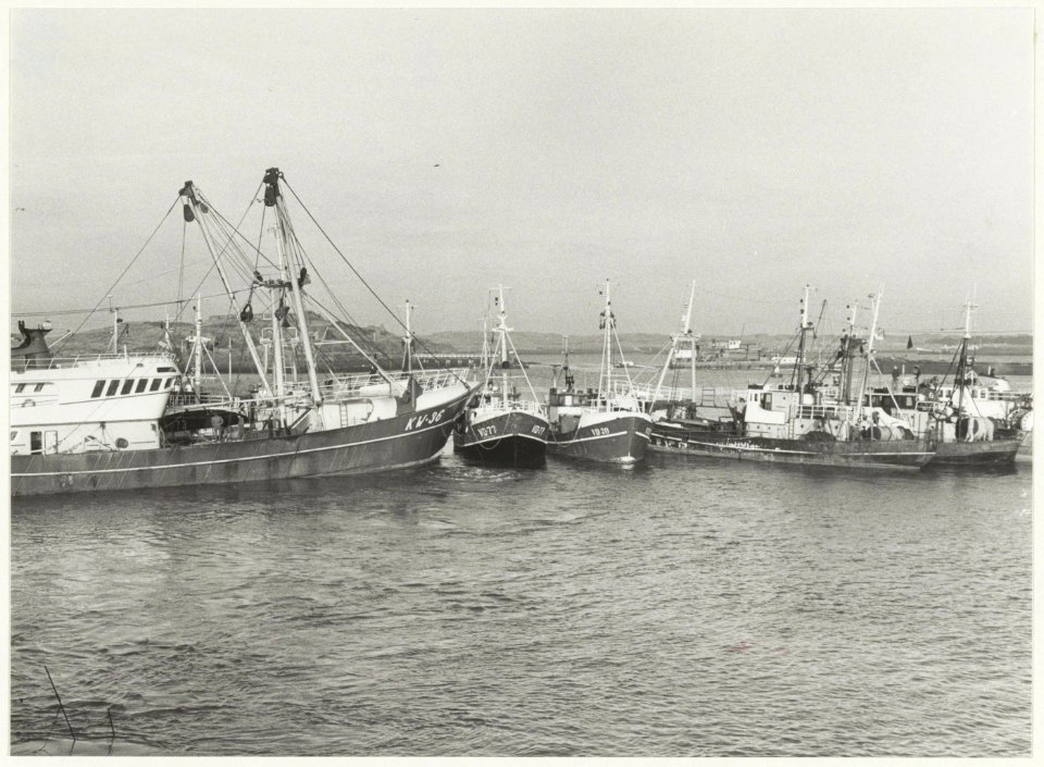 Blokkade van de Vissershaven en de Haringhaven door vissersschepen. Op de achtergrond het Forteiland, ziende naar het noorden. NL-HlmNHA 54015695