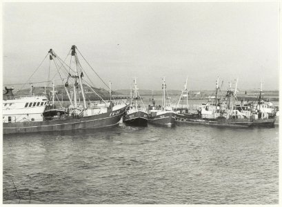 Blokkade van de Vissershaven en de Haringhaven door vissersschepen. Op de achtergrond het Forteiland, ziende naar het noorden. NL-HlmNHA 54015695