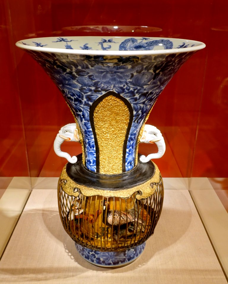 Birdcage vase, Arita ware, Japan, c. 1700 AD, porcelain, lacquer, iron, gold, paper - Peabody Essex Museum - DSC07782