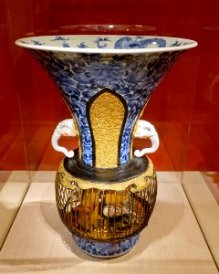 Birdcage vase, Arita ware, Japan, c. 1700 AD, porcelain, lacquer, iron, gold, paper - Peabody Essex Museum - DSC07782