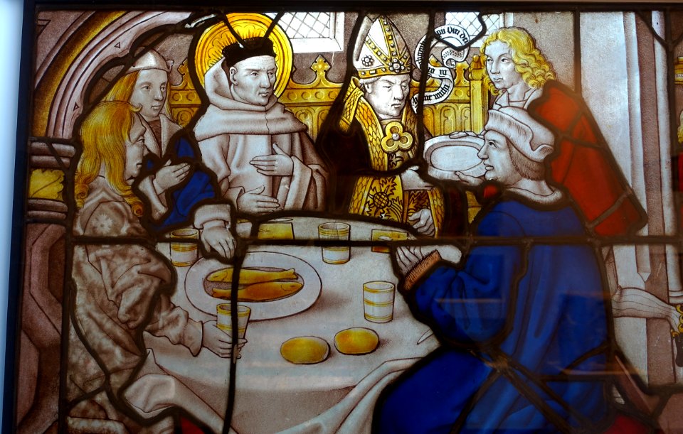 Bishop Matthew of Alba hosts Bernard, Cloister of the Cistercian Monastery, Altenberg, probably Master of St. Severin, Cologne, 1505-1520, stained glass - Museum Schnütgen - Cologne, Germany - DSC09745