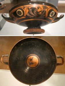 Black-figure terracotta kylix (wine cup), Attic, c. 530 BCE, HAA