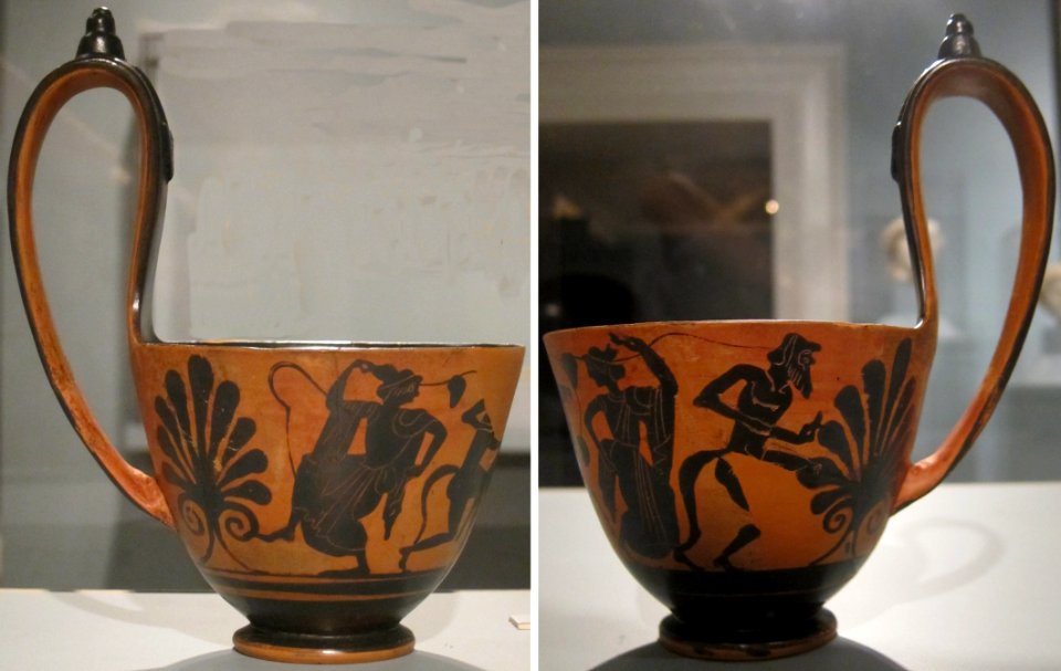 Black-figure terracotta kyathos (wine ladle), Attic, c. 530 BCE, Honolulu Academy of Arts