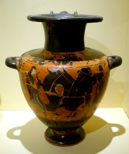Black-figured hydria with scene of Herakles wrestling Triton, Greek, Athens, related to the Lysippides Painter, c. 530-520 BC, ceramic - Fitchburg Art Museum - DSC08663 photo