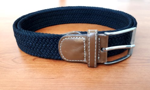 Black stretch woven polyester belt with brown chape