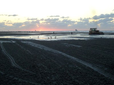 Bulldozers at Wildwood New Jersey beach in the early morning photo