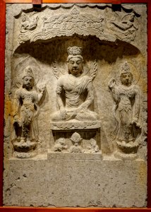 Buddha triad in a niche, Baoqingsi temple, Xi'an, Shaanxi province, China, Tang dynasty, 700s AD, limestone DSC08692