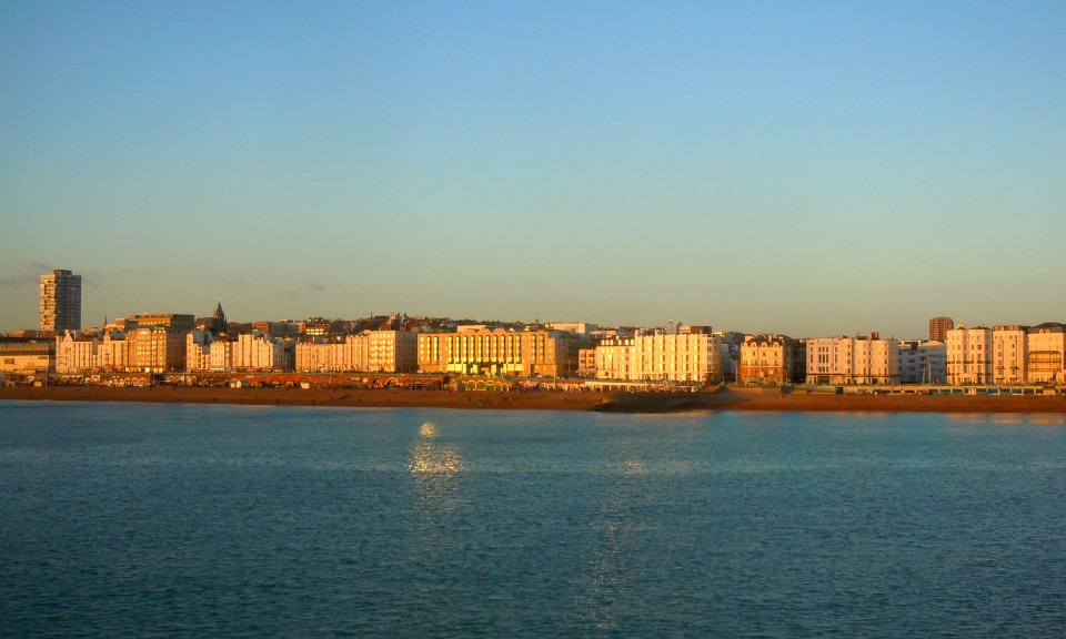 Buildings on Brighton Seafront (January 2017, seen from Palace Pier at sunset) (1)