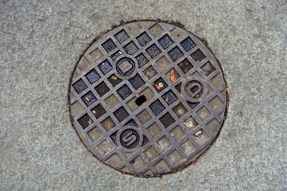 BSD in waffle disk street hole cover - Beacon Hill - Boston, MA - DSC02343