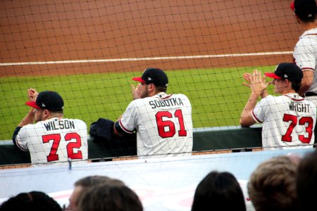 Bryse Wilson, Chad Sobotka, Kyle Wright in dugout, Sept 18 2018 2