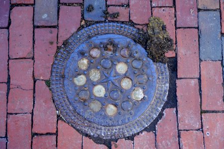 Bubbles and star in ring of concentric grids, Smith & Lovett, 127 Albany St, street hole cover - Beacon Hill - Boston, MA - DSC02216