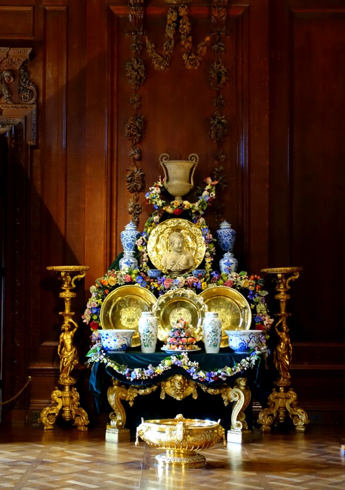 Buffet inspired by Still Life with Silver, painted by Alexandre Francois Desportes in the 1720s, ceramics, silver gilt, wax fruit and flowers - Great Chamber,Chatsworth House - Derbyshire, England - DSC03146