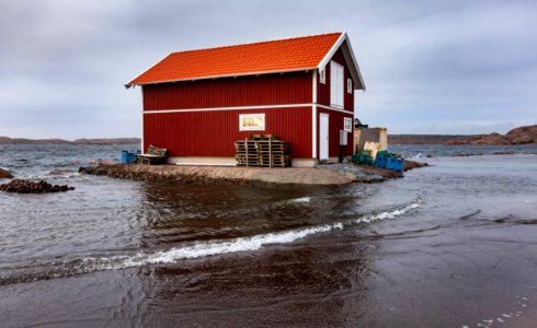 Building in a flooded area of Lysekil during Storm Ciara